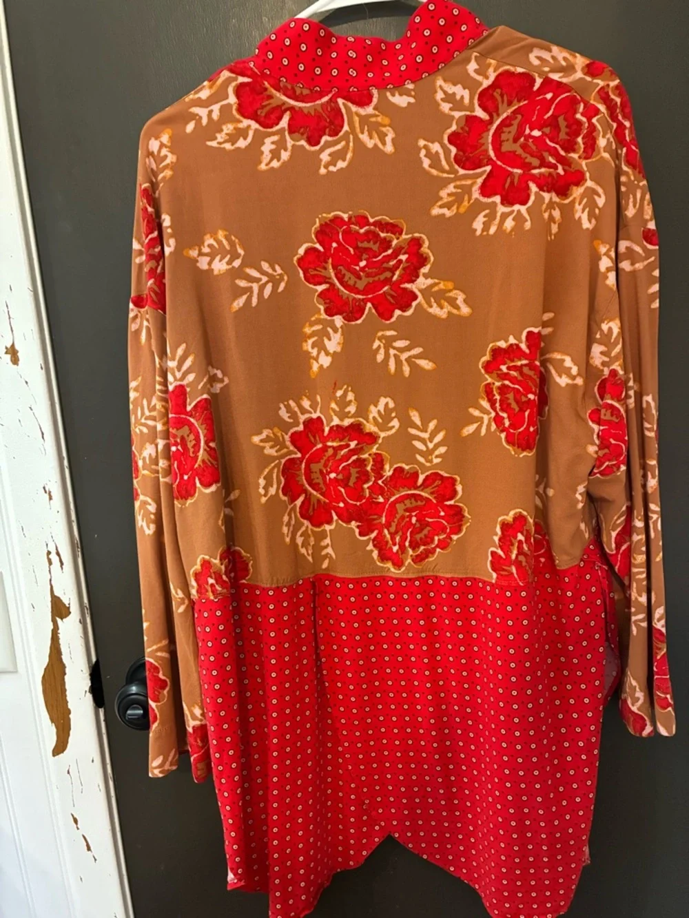 Free People Red & Tan Mixed-Print Cardigan/Cover up or Kimono - Picture 2 of 7